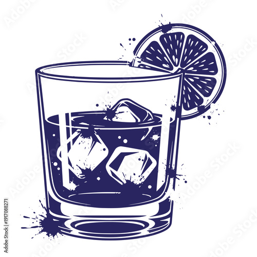 Grunge texture Glass of whiskey or vodka with ice cubes and lemon slice on the rim  refreshing cold drink Vintage Style