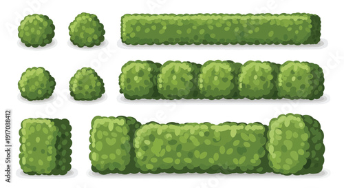 Hedge shapes icon collection. Includes various green hedge shapes, bushes, and foliage. Created in vector style with green color palette.