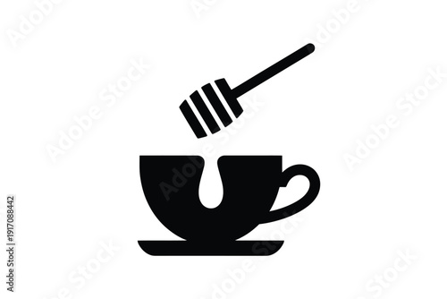 Black silhouette icon shows honey dripping from a dipper into a beverage cup.
