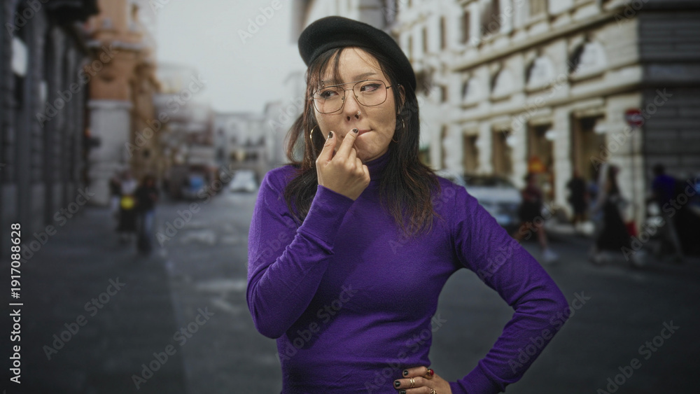 Fototapeta premium Young asian woman pinches her nose on a city street wearing purple turtleneck, beret and glasses; odor disgust.