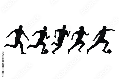 Silhouettes of soccer players vigorously dribble and run during an intense.