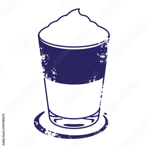 Grunge texture Grungy illustration of a glass of frothy coffee drink on a saucer Vintage Style