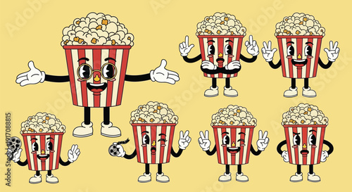 Fun popcorn cartoon character icon collection. Includes happy popcorn bucket characters, thumbs up, smiling faces. Created in colorful comic style with red, white, and yellow palette.