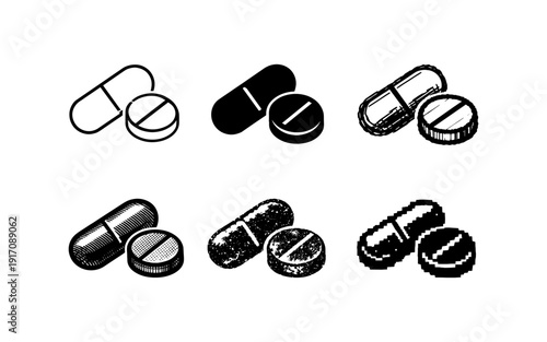 Set of six black and white pill and capsule icons in engraved, halftone, sketch, and pixel styles