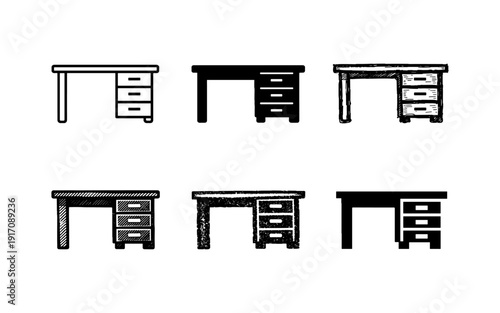 Collection of six different desk icons with drawers in various styles and fills