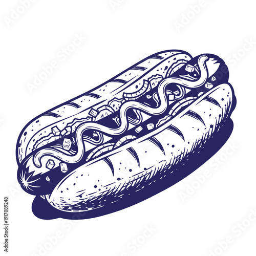 Grunge texture Illustration of a hot dog with condiments and toppings on a bun in a sketch style Vintage Style