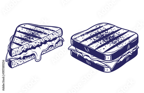 Grunge texture grilled cheese sandwich illustrations in blue and white color scheme on plain white background Vintage Style