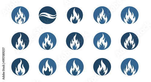Fire icon collection. Includes flame, fireball, blaze, and spark symbols. Created in vector style with blue palette.