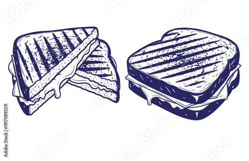 Grunge texture Grilled panini sandwiches with melted cheese and toasted bread cut and whole on white background Vintage Style