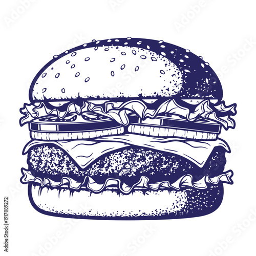 Grunge texture Illustration of a double cheeseburger with lettuce and cheese on a sesame seed bun in a vintage style drawing  a classic American food Vintage Style