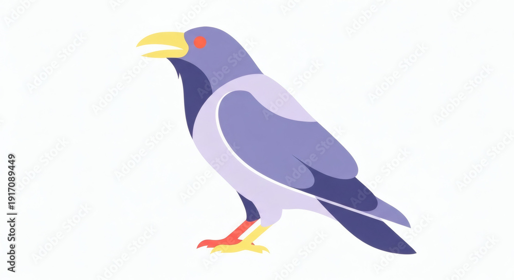 Obraz premium Stylized raven illustration in purple with yellow beak and feet 
