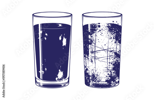 Grunge texture grunge style illustration of two tall glasses filled with dark liquid on white background Vintage Style