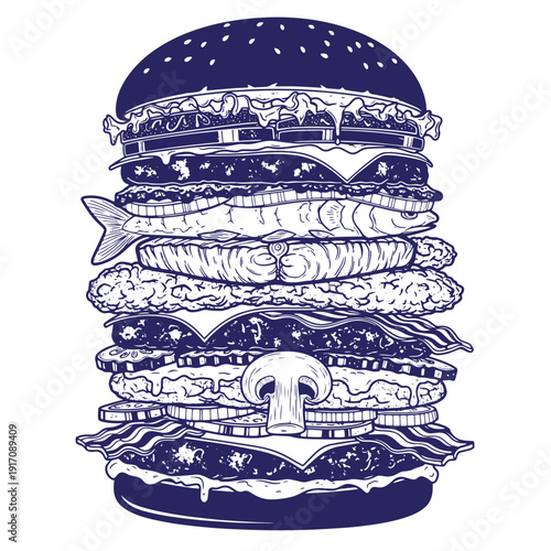 Grunge texture Large blue illustration of a burger with multiple layers including fish patty mushroom bacon cheese lettuce tomato on white background Vintage Style