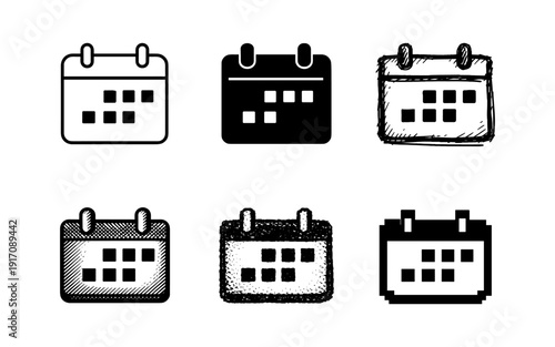 Collection of calendar icons in various styles including line art, solid fill, sketch, and pixel art