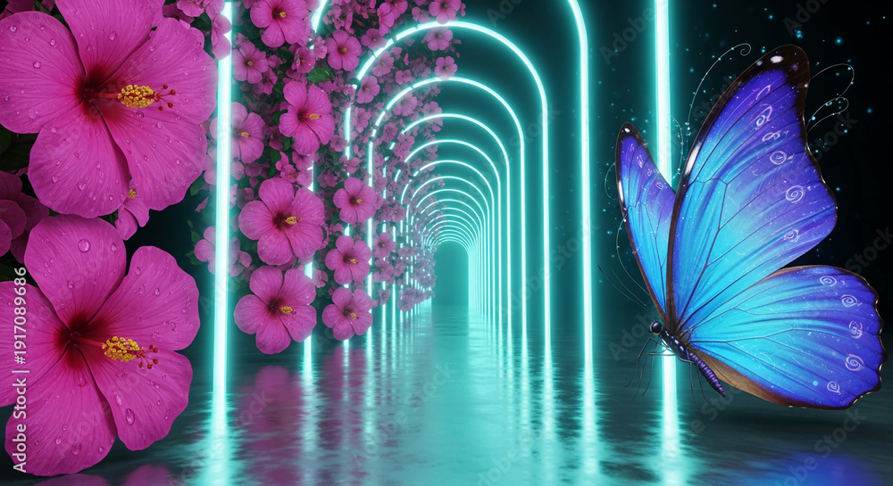 Fototapeta premium Image of vibrant pink hibiscus, blue butterfly, neon arches, and a reflective surface, representing beauty, technology, nature, and immersive experience