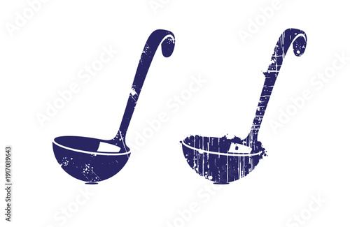 Grunge texture grungy illustrations of two dark blue ladles with long handles and distressed texture  kitchen utensils Vintage Style