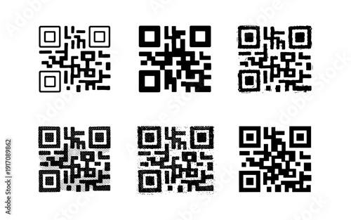 Collection of six different textured QR codes on a white background