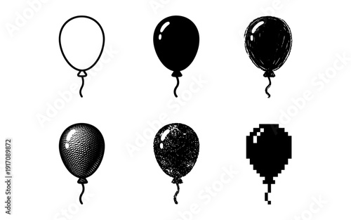 Collection of six diverse balloon illustrations in black and white, each with a unique artistic style