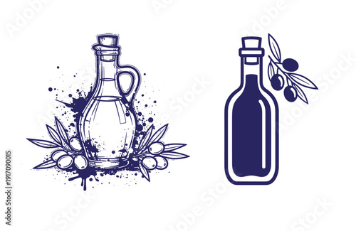 Grunge texture Olive oil bottles with olives and leaves on white background  kitchen ingredients for cooking and food preparation Vintage Style