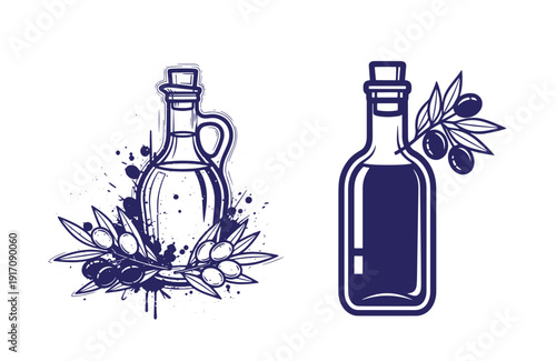 Grunge texture Olive oil bottles with olives and leaves on white background for cooking and food concepts Vintage Style