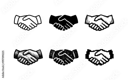 Collection of six handshake icons in various artistic styles and textures for business
