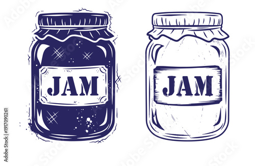 Grunge texture Two blue and white illustrations of jam jars with labels on white background Vintage Style