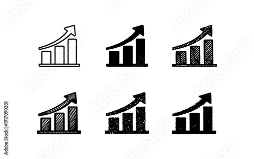 Collection of six different bar chart icons with upward trending arrows indicating growth