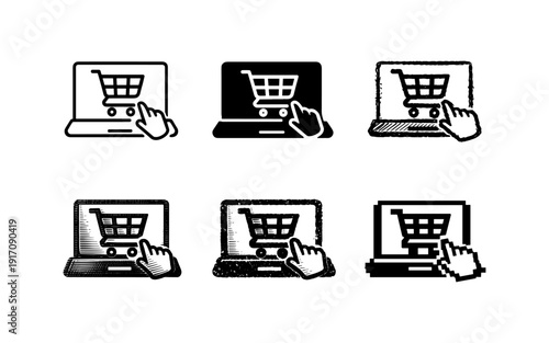 Online shopping icons featuring a laptop with a shopping cart and a cursor clicking it