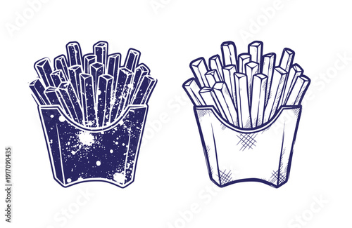 Grunge texture Two blue illustrations of French fries in containers side by side on white background Vintage Style