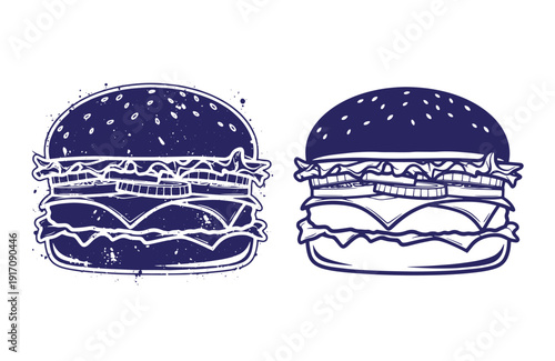 Grunge texture Two blue illustrations of hamburgers with sesame seed buns and lettuce on white background Vintage Style