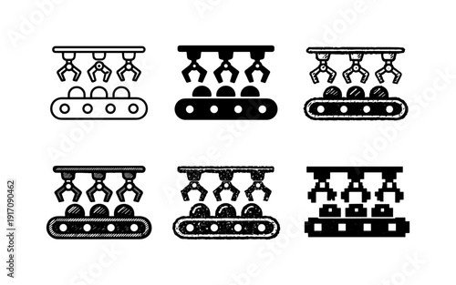 Set of six robotic claw and conveyor belt icons in outline, solid, grunge and pixel styles