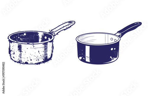 Grunge texture Two blue sauce pans with handles on white background  kitchen cookware Vintage Style