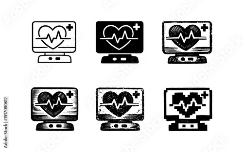 Set of electrocardiogram monitor icons with heart rhythm and plus sign