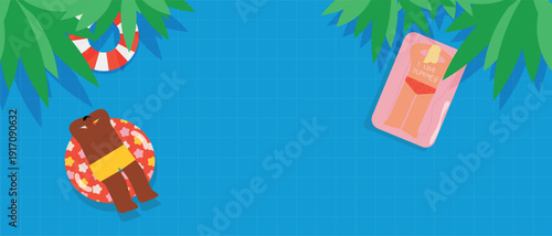 Summer pool top view background with inflatable ring, tropical plants and vacation accessories. Bright flat design with clean copy space, ideal for travel promotion, summer banners, leisure themes and