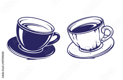 Grunge texture Two coffee cups with saucers in navy blue color on white background Vintage Style