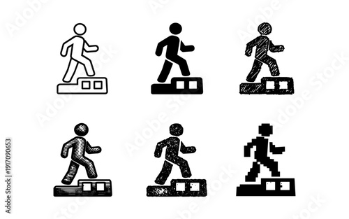 Set of icons depicting a person climbing stairs, symbolizing progress and achievement