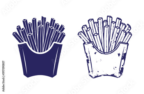 Grunge texture two different illustrations of french fries in containers side by side on white background  one dark and one light Vintage Style