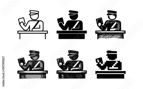 Border control officer checking passport at a desk, various icon styles