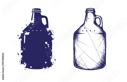 Grunge texture Two gallon milk bottles one dark blue with paint splatters and one clear glass with scratches on white background Vintage Style