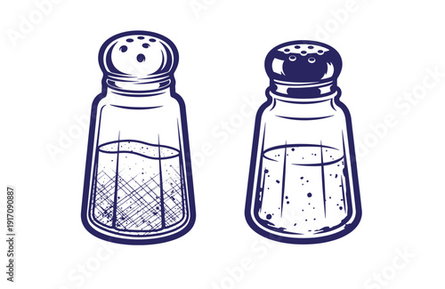 Grunge texture Two glass salt and pepper shakers with liquid contents and perforated lids on white background Vintage Style