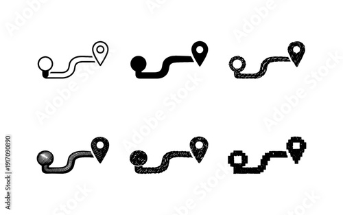 Collection of route and navigation icons with different styles and textures