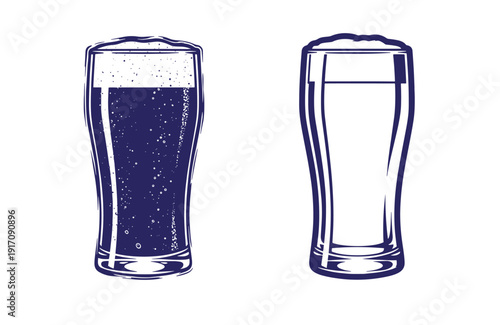 Grunge texture Two glasses of beer one full with foam and bubbles and the other half full with clear liquid Vintage Style