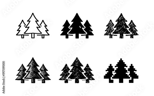 Collection of six stylized pine tree icons with different artistic styles and textures