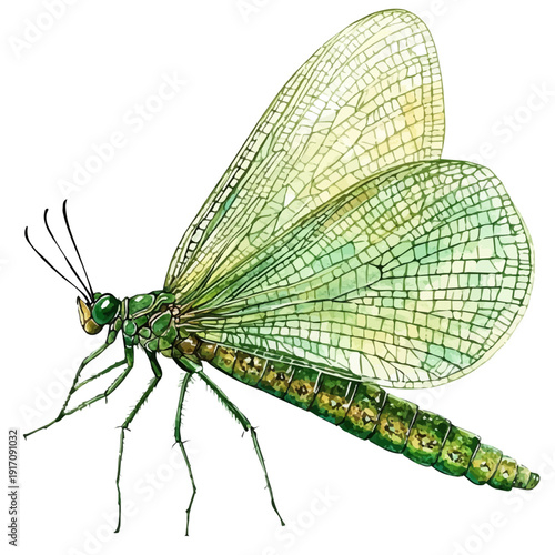 Green Lacewing, illustration watercolor with dynamic strokes and balanced color harmony, isolated on a white background.