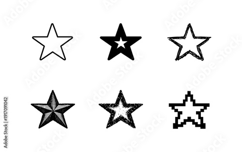 Collection of six different star icons with varied artistic styles and textures on a white background