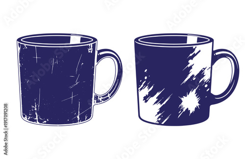 Grunge texture Two navy blue coffee mugs with scratched texture and handle on white background Vintage Style