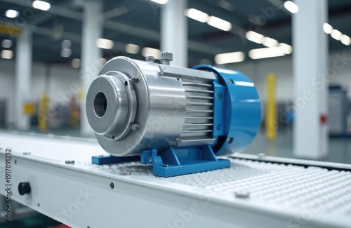 Electric motor sits on conveyor belt in factory. Blue and metal machinery part. Close up view of industrial equipment detail. Production line automation.