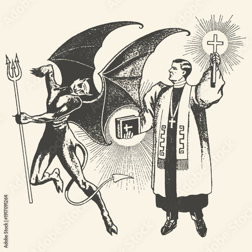 Vintage Engraving of a Priest with Cross and Bible Confronting a Winged Demon or Devil, Depicting Good Versus Evil Battle.