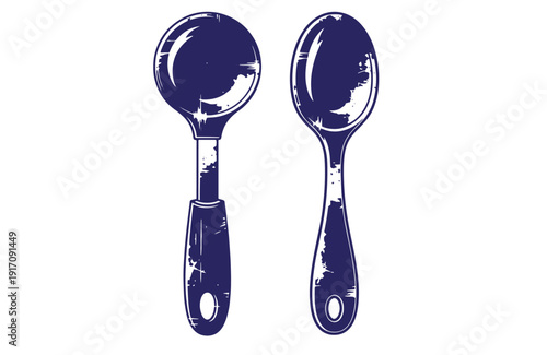 Grunge texture Two navy blue spoons with white highlights on white background  kitchen utensils Vintage Style