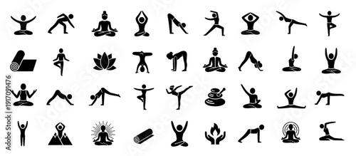 Minimalist Collection of Yoga Poses and Wellness Symbols Stick Figures Meditating and Stretching on White Background